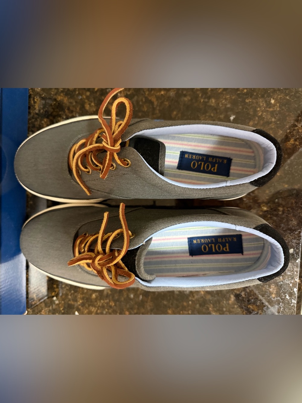 Polo by Ralph Lauren Gray Canvas Sneakers with Blue Logo and Tan Laces